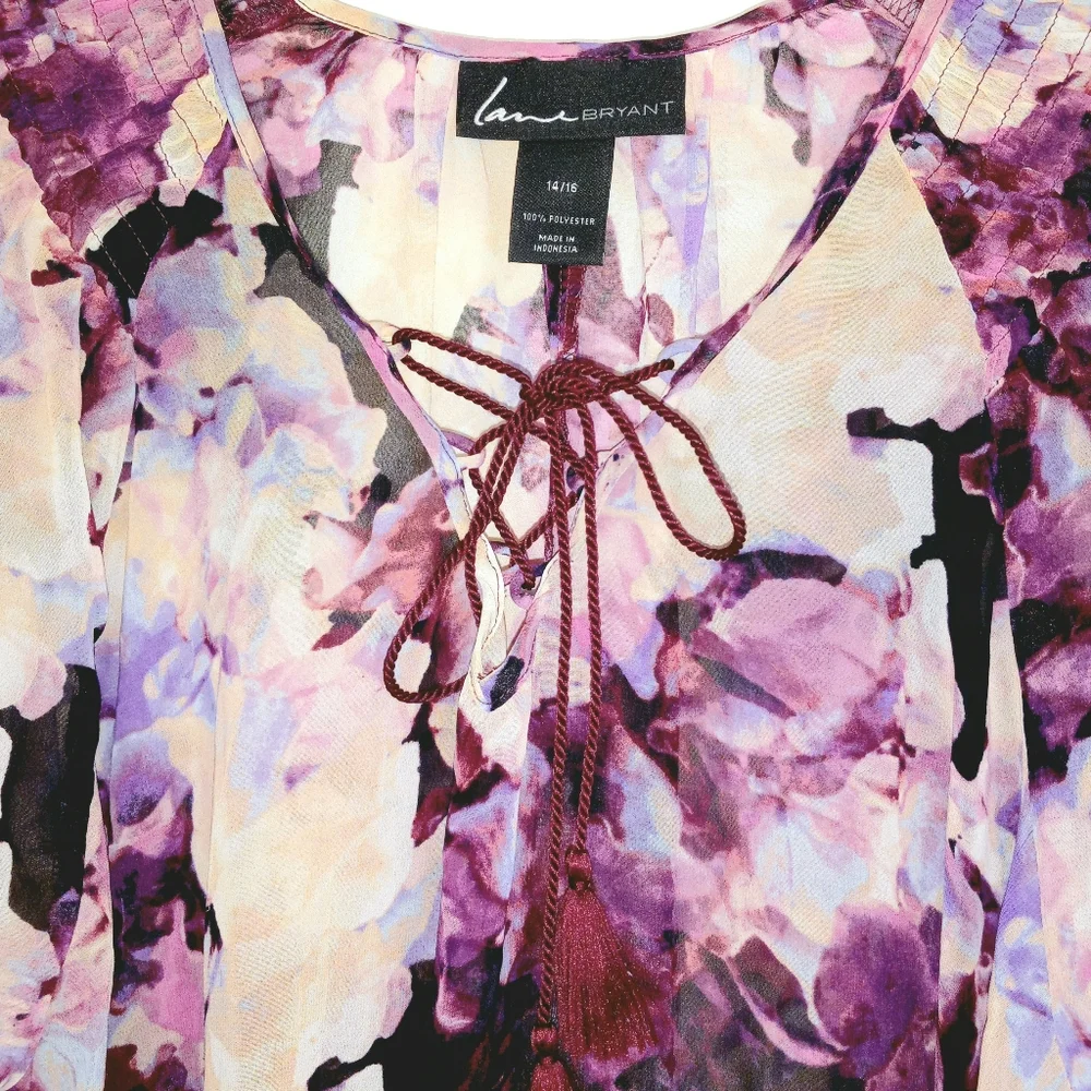Lane Bryant 14-16 sheer pink floral tie front tunic